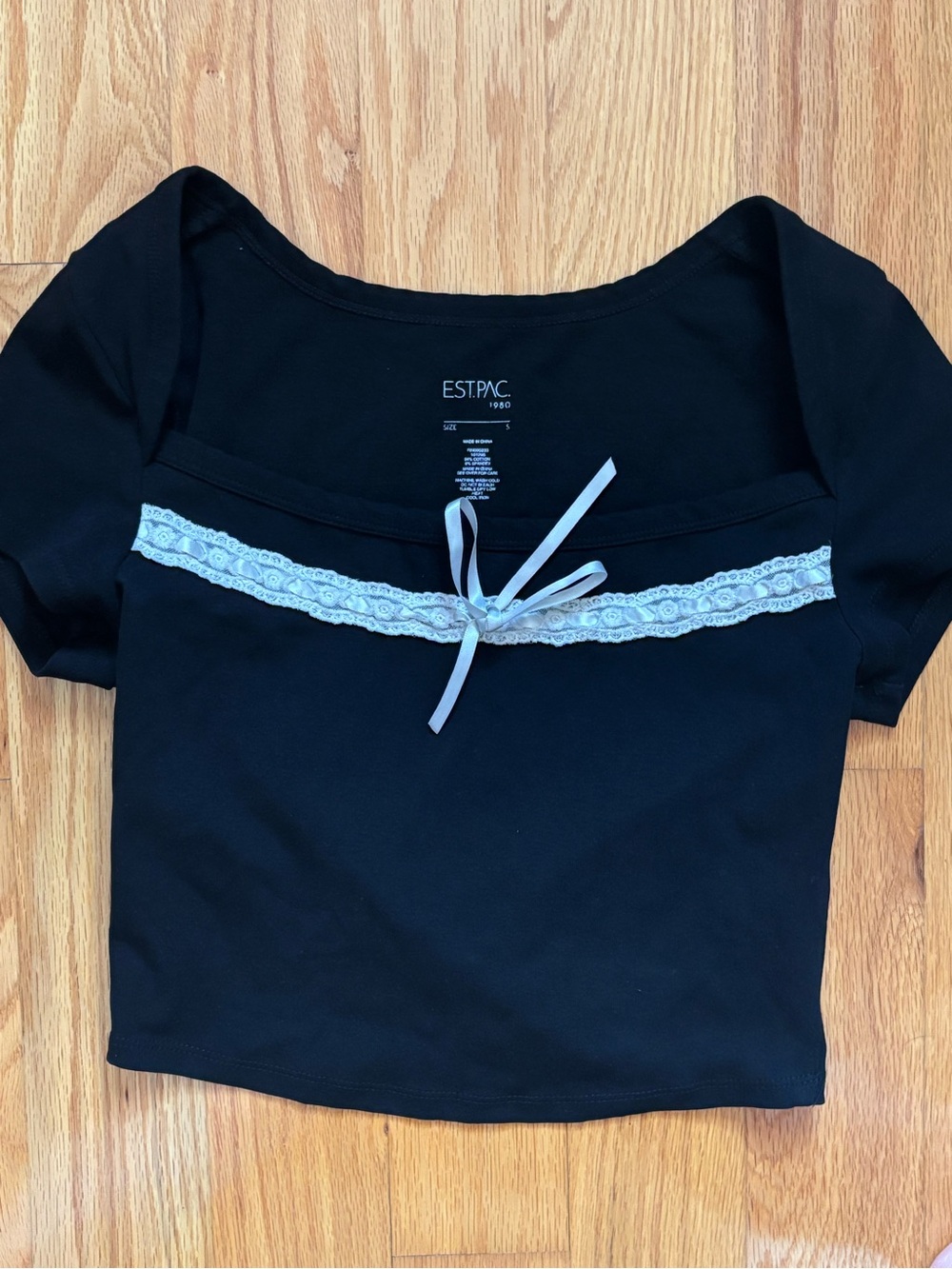PacSun Black Crop Top with White Lace Bow Trim